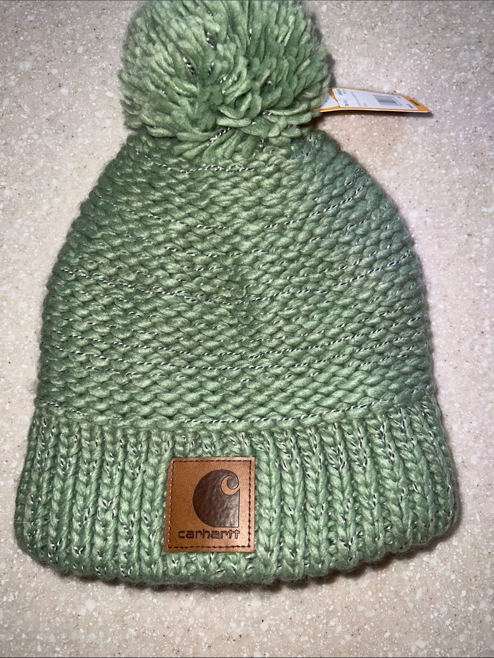 Carhartt Green Pom Beanie with Leather Logo Patch
